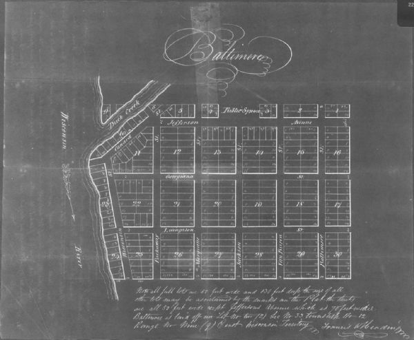 Plat map showing a paper city located on the Wisconsin River. The map includes a public square, street names, and a note written by Francis Headman.