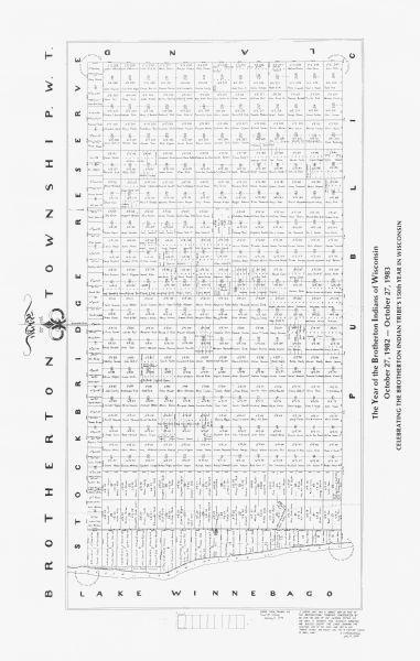 This map draws content from a map originally created by George Featherstongaugh in 1840. The map shows streets, land ownership, the Brotherton Indian reservation, and Lake Winnebago. The bottom margin of the map reads: "Celebrating the Brotherton Indian tribe's 150th year in Wisconsin."