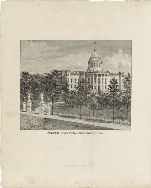 This frontispiece lithograph shows the State Capitol with an American flag on flying on top of the dome. The grounds include trees and paths and are enclosed by a wrought iron fence. Two statues of women adorn the entrance to the grounds.