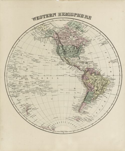 This lithograph shows Greenland, North America, Central America, South America, Polynesia, Australia, the Pacific Ocean, the Atlantic Ocean, the Arctic Ocean, the Antarctic Ocean, the Gulf of Mexico, and the Caribbean Sea. Many countries, territories, islands, and cities are labeled. 