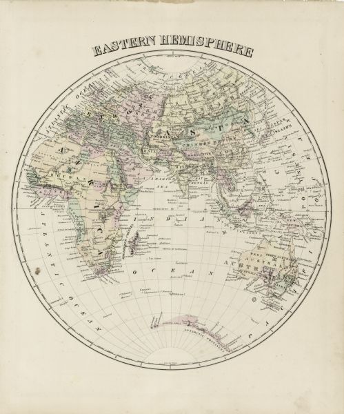 This lithograph shows Africa, Europe, Asia, Australia, and the Antarctic Continent, the Atlantic Ocean, the Indian Ocean, the Arctic Ocean, the Pacific Ocean, and Polynesia. Many countries, territories, islands, and cities are labeled. 