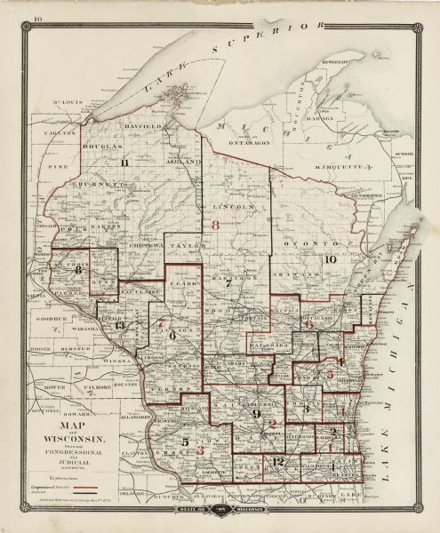 This map shows 13 districts throughout the state. Congressional districts are outlined in red and judicial districts are outlined in blue as show borders as of January 1, 1878. Lake Michigan is shown on the far right and Lake Superior is shown at the top of the map. Cities, counties, rivers, and lakes are labeled. 