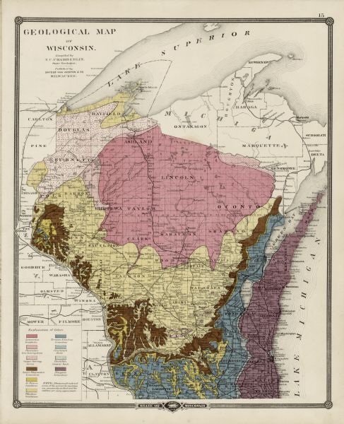 This map shows geographic regions of the entire state. The bottom left corner includes an "Explanation of Color": Laurentien Granite (pink), Huronian Iron-bearing Series (white and pink stripes), Copper-bearing Series (white and pink polka dots), Lower Magnesium Limestone (brown), St. Peters Sandstone (yellow), Potsdam Sandstone (white and yellow stripes), Trenton & Galena Limestone (blue), Cincinnati Shale (white and blue stripes), Hamilton Cement Rock (white and blue polka dots), Niagara Limestone (pink and blue stripes). A caption reads: "NOTE: Many small isolated area of the several formations are necessarily omitted and the outlines are only approximate." Lake Michigan is shown on the far right and Lake Superior is shown at the top of the map. Cities, counties, rivers, and lakes are labeled. 