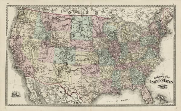 This map shows railroad lines, states, cities, rivers, and a small portion of Canada and Mexico. States appear in pink, yellow, and green. The Gulf of Mexico, Lake Superior, Lake Michigan, Lake Huron, Lake Erie, and Lake Ontario are labeled.  