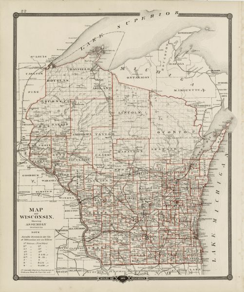 This map shows ward boundaries in red, as well as counties, communities, rivers, lakes, Lake Michigan, and Lake Superior. The bottom left corner includes a note about districts in the city of Milwaukee. 