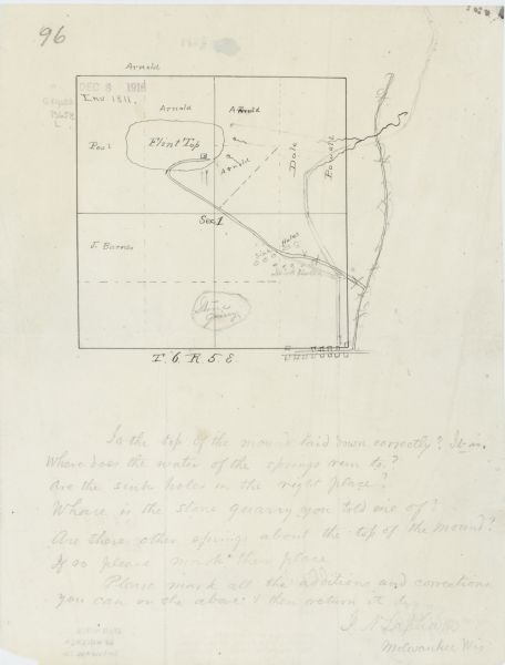 This map shows locations of quarries, sink holes, creeks, springs, rivers, houses, forts, and roads. Annotations in pencil read: "Is the top of the mound laid down correctly? It is. Where does the water of the springs run to? Are the sink holes in the right place? Where is the stone quarry you told me of? Are there other springs about the top of the mound? If so please mark their place. Please mark all the additions and corrections you can on the above & then return it to I.A. Lapham Milwaukee Wis."