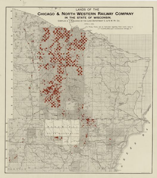 This map shows township grids, railroads, roads, and drainage. The area of the map covers northeastern Wisconsin and Menominee Indian reservation. Green Bay is labeled on the far right. 

