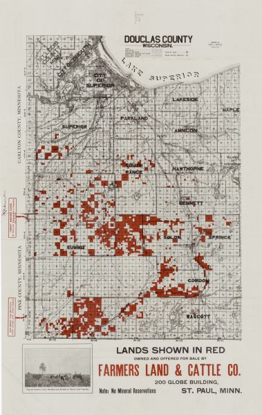 This map shows roads, railroads, street railways, abandoned logging railroads, rural mail routes, telephone lines, schools, platted land, and state forest reserves. The bottom margin of the map reads: "Lands shown in red owned and offered for sale by Farmers Land & Cattle Co. St. Paul, Minn." The back of the map includes text about the area and two photographs. 
