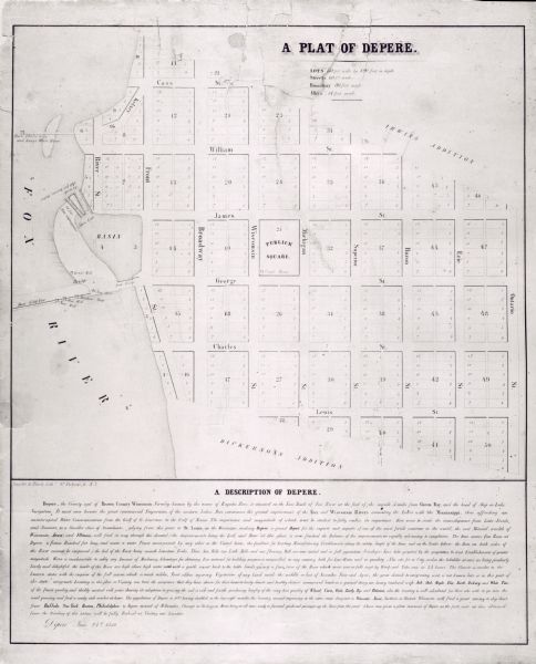 This photocopied map shows lot and block numbers, selected buildings, street names and state lock located on the Fox River. Includes a description of Depere along the bottom margin. The date of the original map reads: "June 24, 1850."