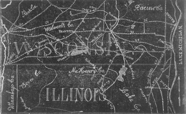 This photocopy map shows a early sketch of the settlement Southport. Rivers, lakes, other settlements, county boundaries, and roads are labeled. A portion of Illinois is visible. Lake Michigan is on the far right.