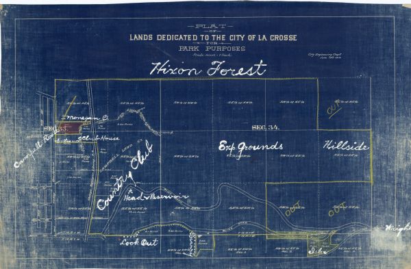 This blueprint map with color manuscript annotations shows an area now known as the Forest Hills Golf Club. Includes labels for land parcels, blocks and roadways.