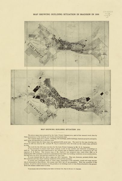 The map on the top shows the building situation in Madison in 1899, while the bottom map shows the building situation in 1916. Includes text in the lower margin explaining the maps above.