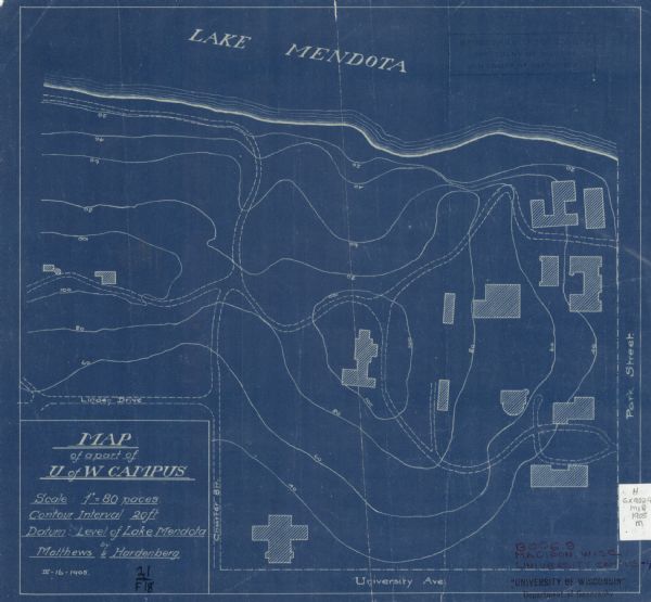 This blueprint map shows buildings and roads on Bascom Hill. University Avenue, Park street, Charter Street, and Lincoln Drive are labeled. Lake Mendota is at the top.