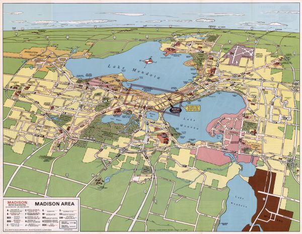 This map shows transportation routes taken by public transit. Includes a key to bus routes, schedule, and transit information. Includes labels for streets, buildings Lake Mendota, Lake Monona, Lake Waubesa, parks, points of interest, and surrounding communities. The back of the map provides a closer view of the transit near the University of Wisconsin and the capitol.