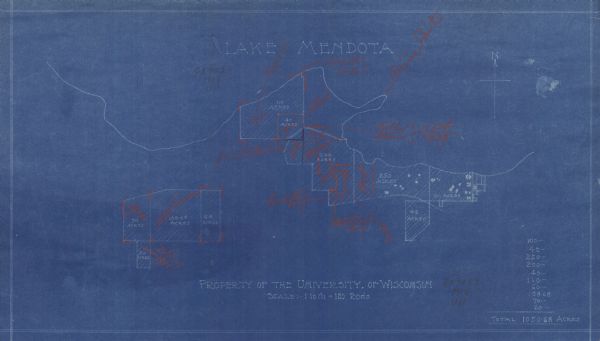 This blueprint map includes manuscript annotations in red and shows number of acres and dates of acquisition (1905-1914) of each parcel of land, as well as buildings.