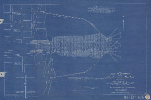 This blueprint map shows Manitowoc Harbor with depths represented by soundings. The upper right corner includes a "Description of Bench Marks". The map also includes a plat of land parcels and street names.