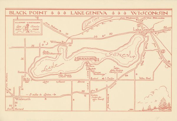 This map shows Black Point estate including buildings and signs, as well as a school and store near the village of Linton, country clubs, roads, Yerkes Observatory, railroads, and villages around Lake Geneva. The lower right corner includes an illustration of trees.