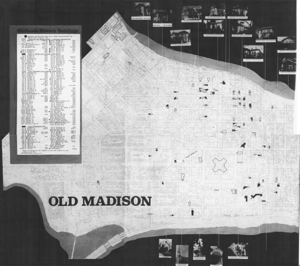 This photocopy map shows the locations of historic buildings, as well as all other buildings in the isthmus. The map also includes photographs of selected buildings, a key to buildings with references, and indicates those "designated Madison landmarks, 1972."