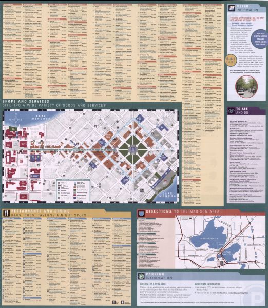 This map shows ATMs, houses of worship, hotels, parking ramps, public parking, union cab stands, bus stops, business district, parks and public areas, government buildings, University of Wisconsin buildings, and bike trails. The front of the map includes indexed directories and the back includes advertisements for local businesses and attractions.