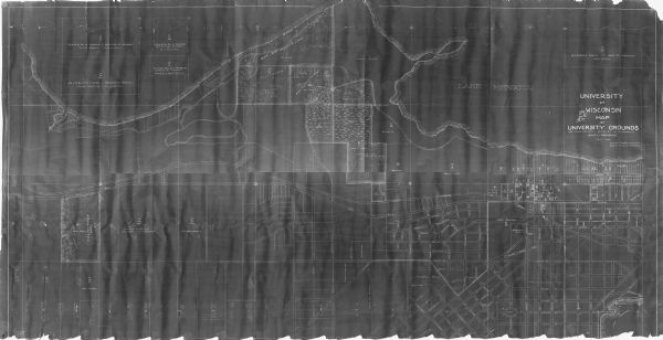 This photocopy map shows plots with owners' names, land use both commercial and agricultural, and lot outlines on University land. Lake Mendota is labeled in the upper right corner. 
