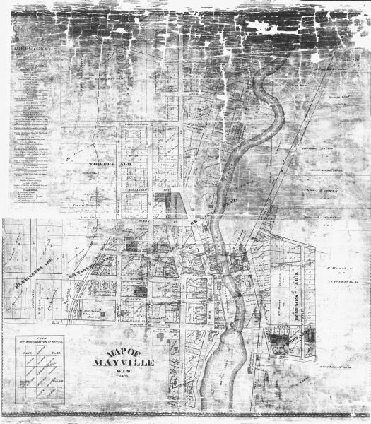This map shows landownership and buildings in the community in 1876. An inset map shows Plan of Corporation of Mayville. The upper left corner includes a business directory in margins.