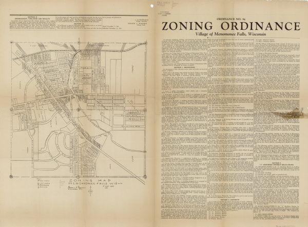 This map shows heavy and light industry, residences, and business districts as well as streets and Mill Pond. The front and back of the map include extensive text about the ordinance that passed November 3, 1941.