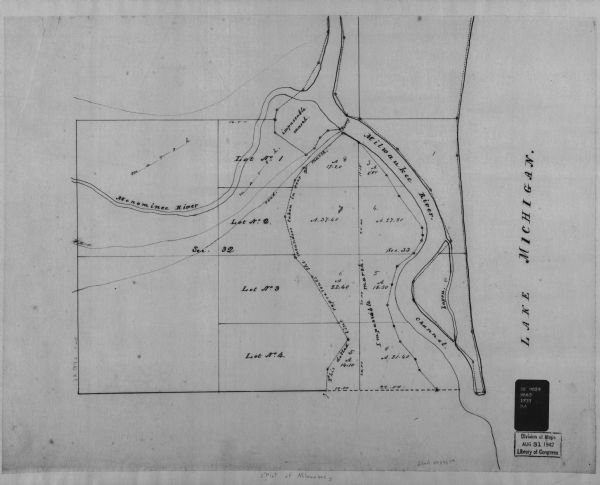 This photostat map shows roads, ferry, impassible marsh land, the Menominee River, the Milwaukee River, and Lake Michigan.