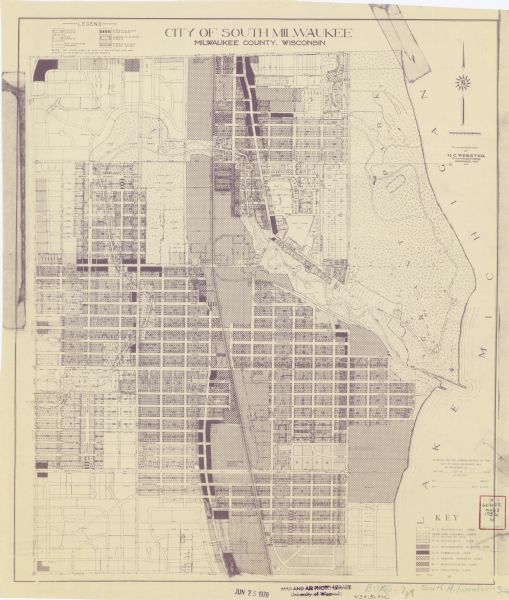 This blueline print map shows streets, pedestrian pathways, plans to widen existing streets, and streets and alleys vacated and to be vacated. The upper left corner includes a legend. Below the legend reads: "NOTE The figures show the width of right-of-way for new streets or the widening of existing streets". A key in the lower right corner identifies residential, park, shopping, commercial, business, manufacturing, and industrial zones. Grant Park and Lake Michigan are labeled.