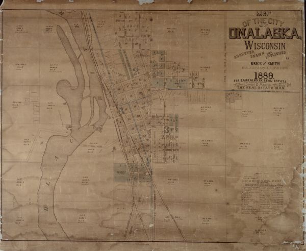 This map lists township and section numbers outside municipality, housing additions and subdivisions and plat owners outside municipality, the Black River, voting wards, street names, cemeteries, railroads, parks, schools, churches, Island Mill Lumber Company, planning mill, masonic hall, depot, Nichols Lumber Company's sawmill, wagon bridge, road to French Island, and Onalaska brewery. An inset includes:"List of plats in order of date of record, 1851-1889."