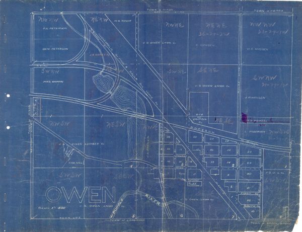 This set of manuscript blueprint maps show block and lot numbers, railroads, and some landownership, including lands and buildings of J.S. Owen Lumber Co. Log Pond and Popple River are labeled. 
