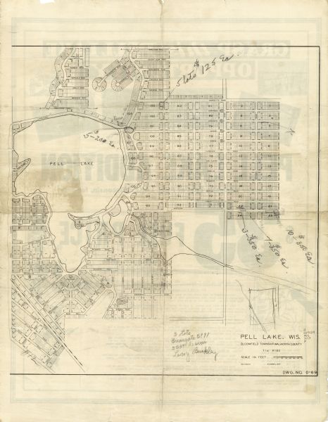 This cadastral map shows lots, streets, and Pell Lake. The back of the map includes a large advertisement for the Pell Lake Addition summer home lots. 