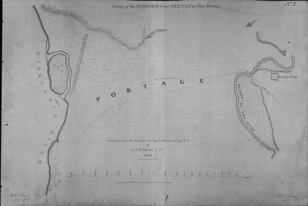 This map oriented with north to the upper right shows portage between the Wisconsin and Fox Rivers, as well as line of proposed construction for defense against inundation and Fort Winnebago.
