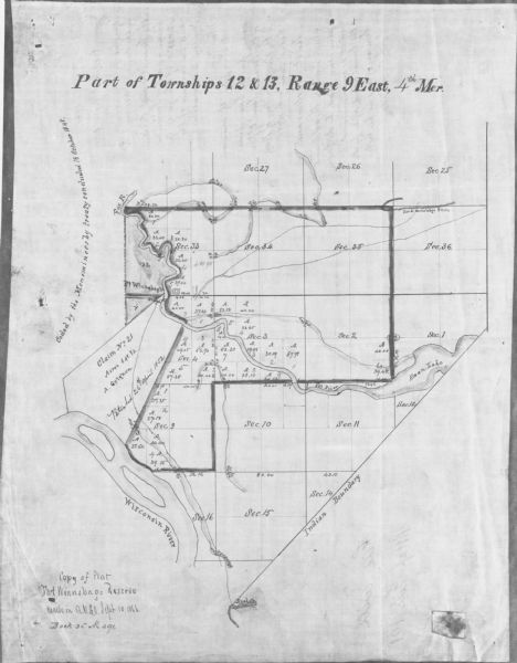 This manuscript map shows outline of Fort Winnebago reserve land, Fort Winnebago, claim of A. Grignon, and Indian boundaries. The Fox River and Swan Lake are labeled. 