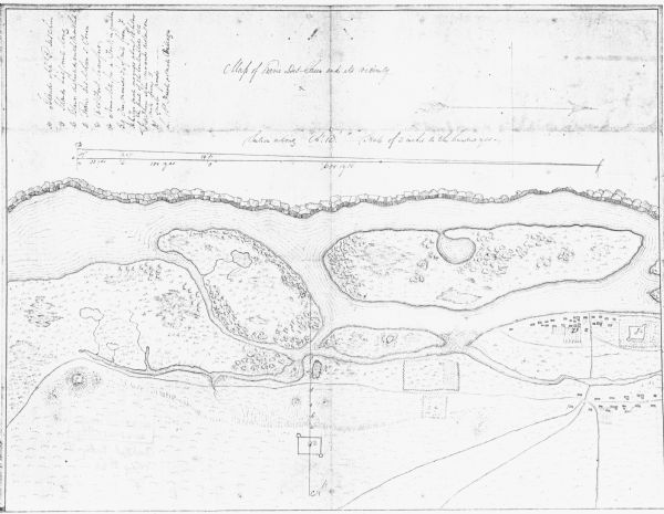 This photocopy map shows marshes, woods, buildings, and selected features including islands, mounds, old Fort Crawford, and "new site for a fort in question." Relief is shown by hachures. 