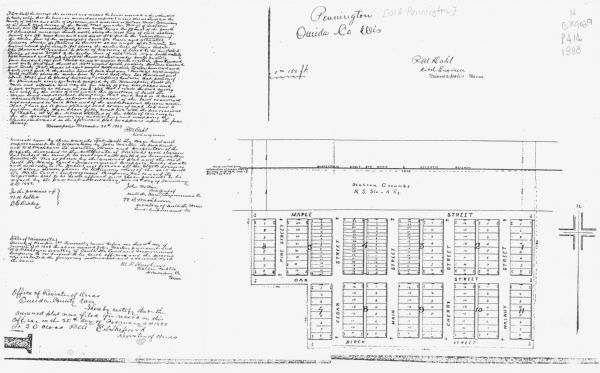 This photocopy plat map shows "old" Pennington, a village situated in section 26 of township 37 north, range 10 east, alongside the Minneapolis, Sault Ste Marie & Atlantic Railway; this village was largely abandoned near the turn of the century and the area was later repopulated under the name of Starks. The map shows Maple, Oak, Birch, Cedar, Main, Cherry, and Walnut streets. The left margin includes registration and certifications.