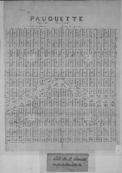 This photocopy plat map of Pauquette, now Poynette, shows streets and lot numbers. 