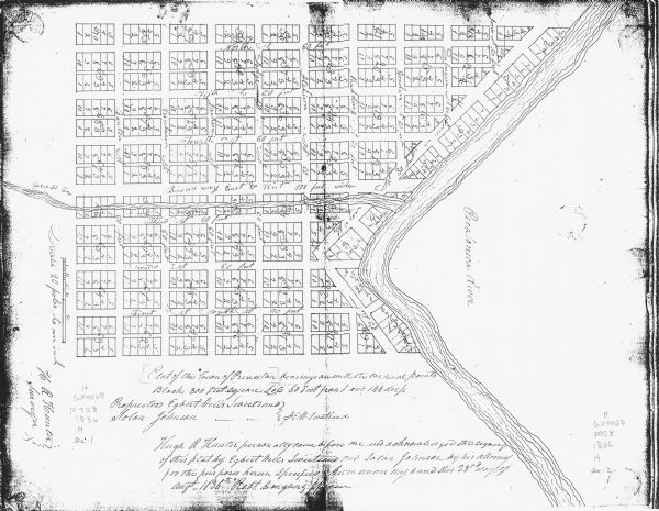 This map shows a paper city located where "Grass Creek" meets the Pecatonica River, probably in Iowa County. Number lots and streets with dimensions are shown. The bottom margin of the map includes certifications. 