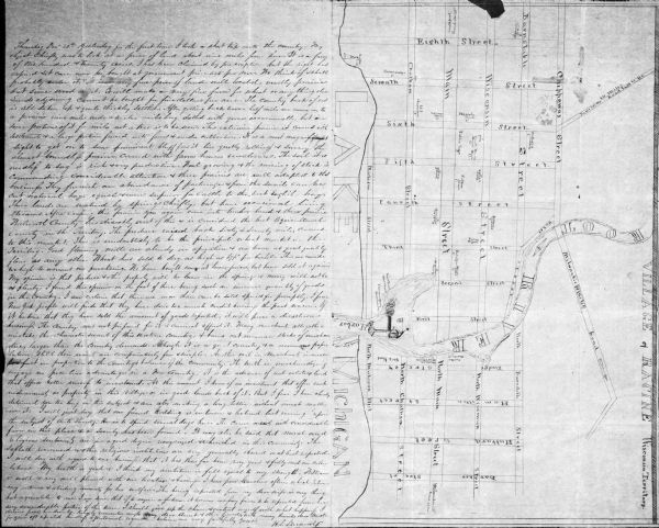 This map shows selected streets, public buildings, churches, schools, businesses, warehouses, the harbor, the Root River, and Lake Michigan. The map includes an accompanying letter from H.S. Durand of Racine, Wisconsin, to his uncle, Elisha A. Cowles, Meriden, Connecticut, dated December 19th, 1843 describing Racine.