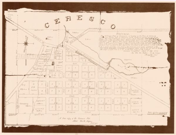 This cadastral map shows Mill Pond, buildings, some landowners, cemetery, and out-lots. The upper right corner includes a statement about Ceresco. 
