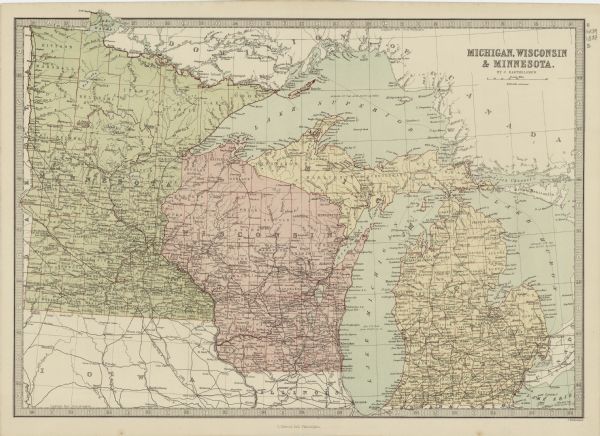 This map shows railroads, county boundaries, cities, towns, and waterways with relief shown by hachures. The prime meridians are: Greenwich and Washington. Lake Superior, Lake Michigan, Lake Huron, and Lake Erie are labeled.