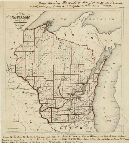 This pen and ink map shows counties outlined in red, cities over 3,000 inhabitants, and county seats. The bottom margin includes a handwritten description of routes. Lake Michigan, Lake Superior, the Mississippi River, Iowa, Minnesota, and Michigan are labeled. 