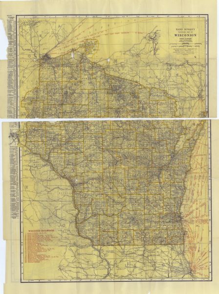 This map shows automobile routes across the state as well as Minnesota, Iowa, Illinois, and Michigan. Cities, Lake Michigan, Lake Superior, the Mississippi River, Lake Winnebago, Green Bay and counties are labeled. The left margin of the map has a list of "Principal Cities" in the state and a location key. The back includes a map that highlights marked automobile routes. A key to explain the various road types is provided on the lower left side of the map.   