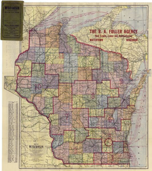 This map includes automobile routes through the state as well as routes in parts of Iowa, Michigan and Minnesota. Cities, counties, Lake Michigan, Lake Superior, the Mississippi River, Green Bay and Lake Winnebago are all marked. In the bottom left corner a list of cities and their populations are included. The map also breaks Wisconsin into eleven different sections. The pamphlet cover, in which the map is stored, is on the top left. The back gives a complex index of Wisconsin cities, including their census and postal codes. The back cover of the pamphlet is in the upper right. This map was provided by the R.A. Fuller Agency.    