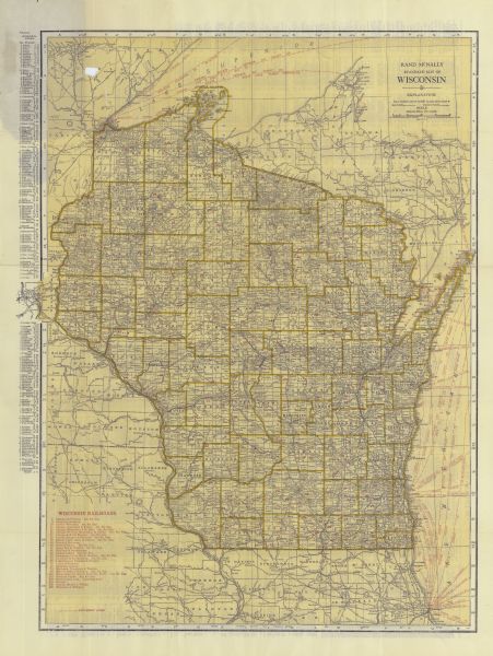 This map details automobile routes spanning across Wisconsin and parts of Illinois, Michigan, Minnesota, and Iowa. Cities, counties, Lake Michigan, Lake Superior, the Mississippi River, Lake Winnebago and Green Bay are labeled. An index to locate Wisconsin's "Principal Cities" is provided on the left border. The back of the map includes a list of all Wisconsin cities featured on the map. Additionally it provides the towns population, county and location on the map. The back cover of the pocket map is found in the bottom right corner.    