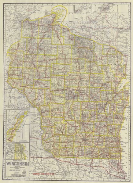 This map displays automobile routes across Wisconsin as well as Minnesota, Iowa, Michigan and Illinois. Cities, counties, Lake Michigan, Lake Superior, Green Bay and Lake Winnebago are all labeled. Roads in red are primary automobile routes. Inset maps of Door County and parts of Waukesha and Milwaukee County are also provided.   