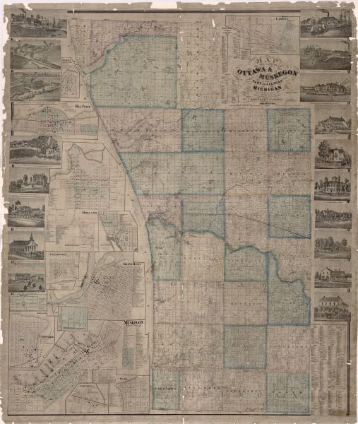 This map shows land owners, buildings, cities and villages, lakes, rivers, and roads. The margins include inset maps: Berlin; Mill Point; Holland; Ferrisville; Eastmanville; Grand Haven; Zeeland; Davisville; Ottawa County; Ferryburg; Muskegon; Coopersville; Mears; and Lamont. The bottom left corner includes a business directory.