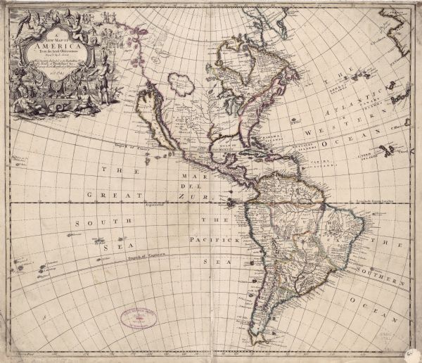A map of North and South America with an elaborately illustrated cartouche depicting Native Americans in upper left corner. The map is fairly detailed, depicting cities, lakes, rivers, regions, and countries. A few interesting features makes this map fairly unique, particularly for its time. The shape of South America as shown in this map is unusual, and Senex includes two mythical geological features in North America: a large lake called Lake Thoaga in western Canada, and an unnamed river rising up through the Florida panhandle. Also of note, this is one of the few maps for its time to still show California as an island, and to still depict a conjectural Northwest coastline.