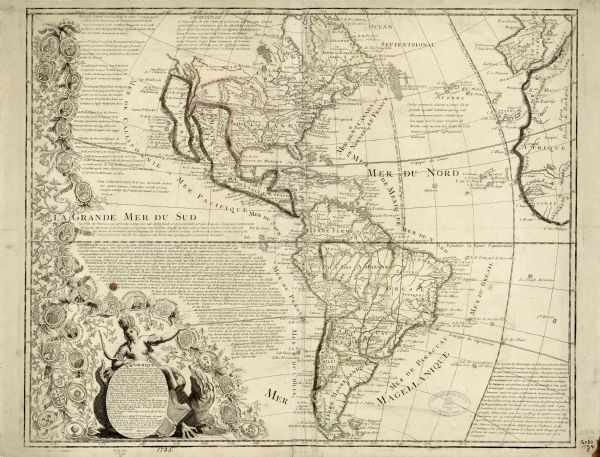 A map of the western hemisphere, including parts of western Europe and Africa. Portraits of explorers, such as Jacques Marquette, Louis Joliet, and Robert Cavelier de La Salle, and coats of arms appear in a illustrative vine pattern along left side. Large blocks of texts adorn most of the map, including descriptions of the portraits along the left side, and a description of the Americas.