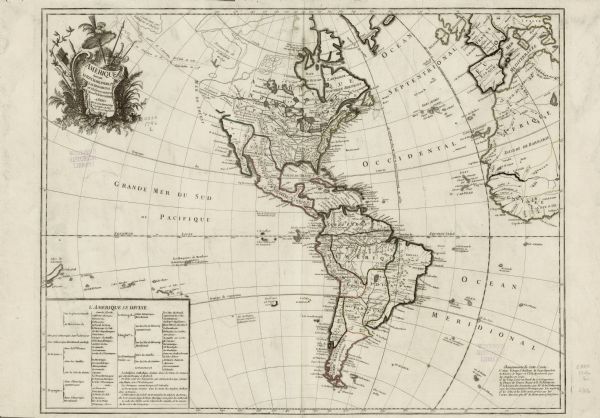 A map of the western hemisphere, including parts of western Europe and Africa, showing the division of the Americas by the European powers. Weapons and foliage, topped with an elaborate umbrella, decorate the cartouche. The bottom left corner holds a chart which details the colonial holdings. Of particular note is the depiction of various explorations of the northwest region, including the route of Chirikov in 1741.