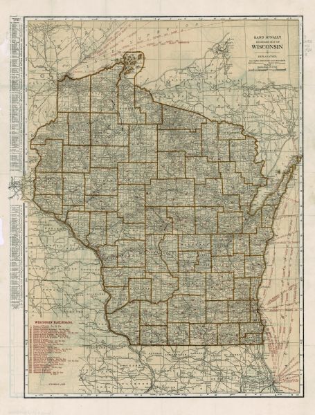 This map shows railroads, electric lines, and steamship lines. The  left margin includes an index of principal cities, and the lower left corner includes a list of railroads. Lake Michigan, Lake Superior, counties, cities and towns, rivers, and lakes are labeled. Portions of Iowa, Illinois, Minnesota, and Michigan are visible. The back of the map features "Auto Trails" with a key showing "Principal Trails" and "Main Auto Roads". 
